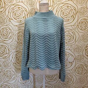 Coco & Shay Light Blue Wave-Knit Mock Neck Sweater